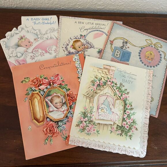 5x Vintage 50s/60s Baby Cards Stork Bunny Critters Ephemera Scrapbook - Picture 1 of 14